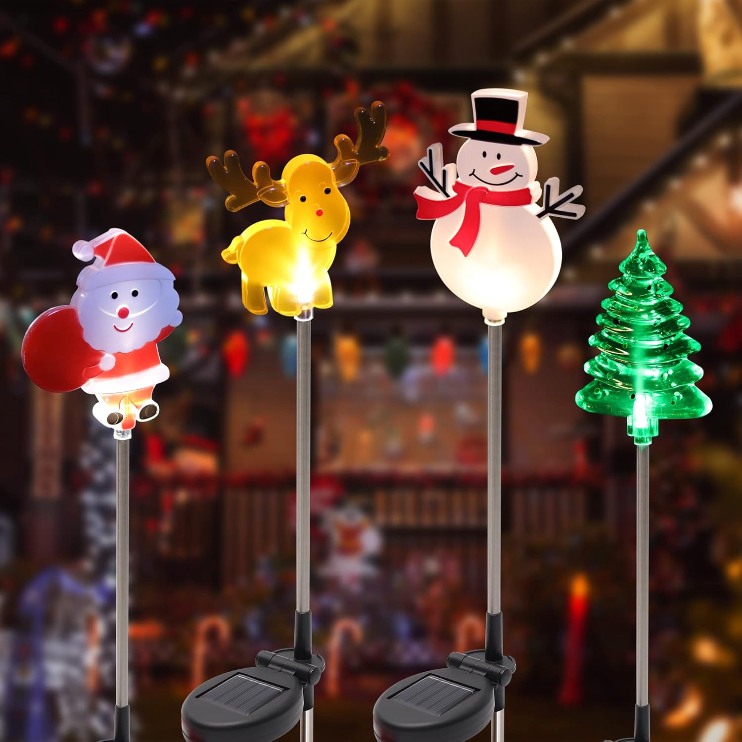 Glintoper 4 Pack Solar Christmas Figurine Lights, Outdoor Lighted Decorative Santa Claus, Snowman, Xmas Tree & Reindeer with Garden Stakes, Warm White LED Lighting Yard Stake for Path Lawn Patio Decor
