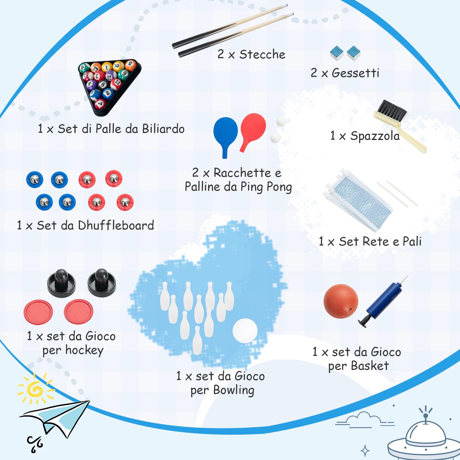RELAX4LIFE Tavolo da Gioco 6 in 1, Set di Tavolo da Gioco Combo con Basket, Biliardo, Ping Pong, Hockey, Shuffleboard, Bowling per Casa, Stanza dei Giochi, Feste, Serate in Famiglia