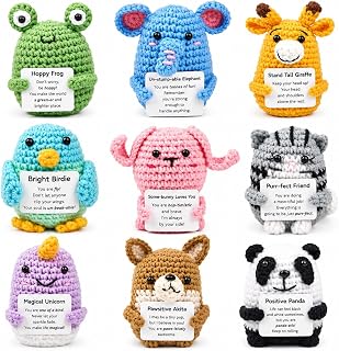 9Pcs Finished Crochet Animals with Positive Message Cards, Handmade Desk Decor, Employee Appreciation Gifts Bulk for Coworkers, Staff, Teachers and Friends