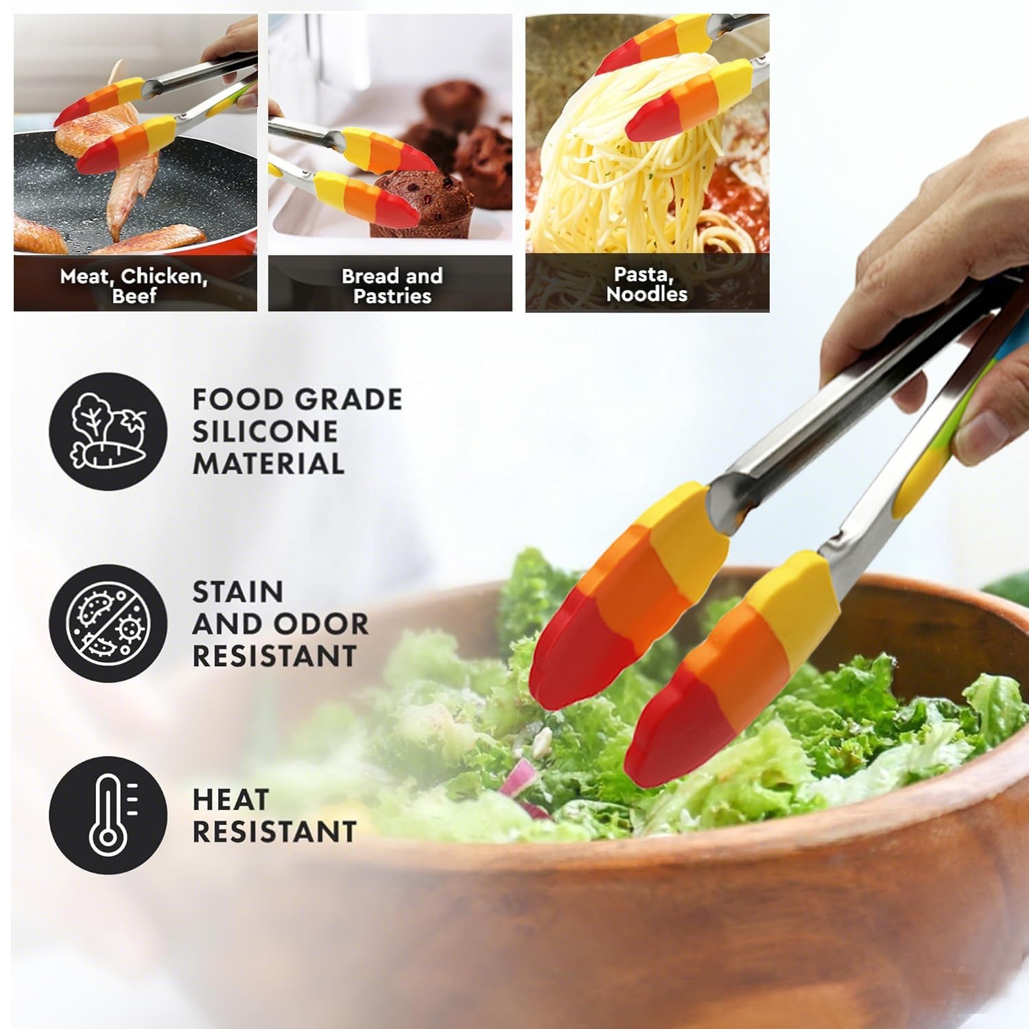 Gadgeta Set Di 2 Pinze Da Cucina In Acciaio Inox Con Punte In Silicone, 22,9 Cm, Antigraffio, Resistenti Al Calore - 3