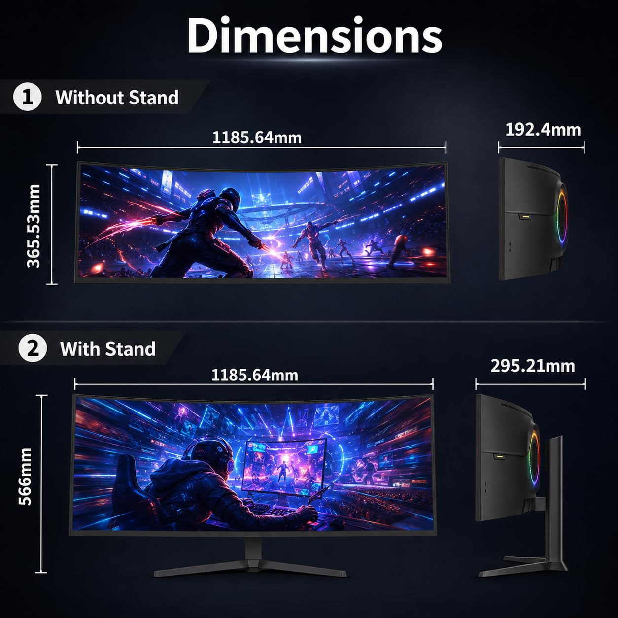 ZZA Monitor da gioco super ultrawide da 49 pollici, display curvo DQHD 5120 x 1440, frequenza di aggiornamento 165Hz, schermo immersivo 1500R, illuminazione RGB, supporto regolabile in altezza, HDMI