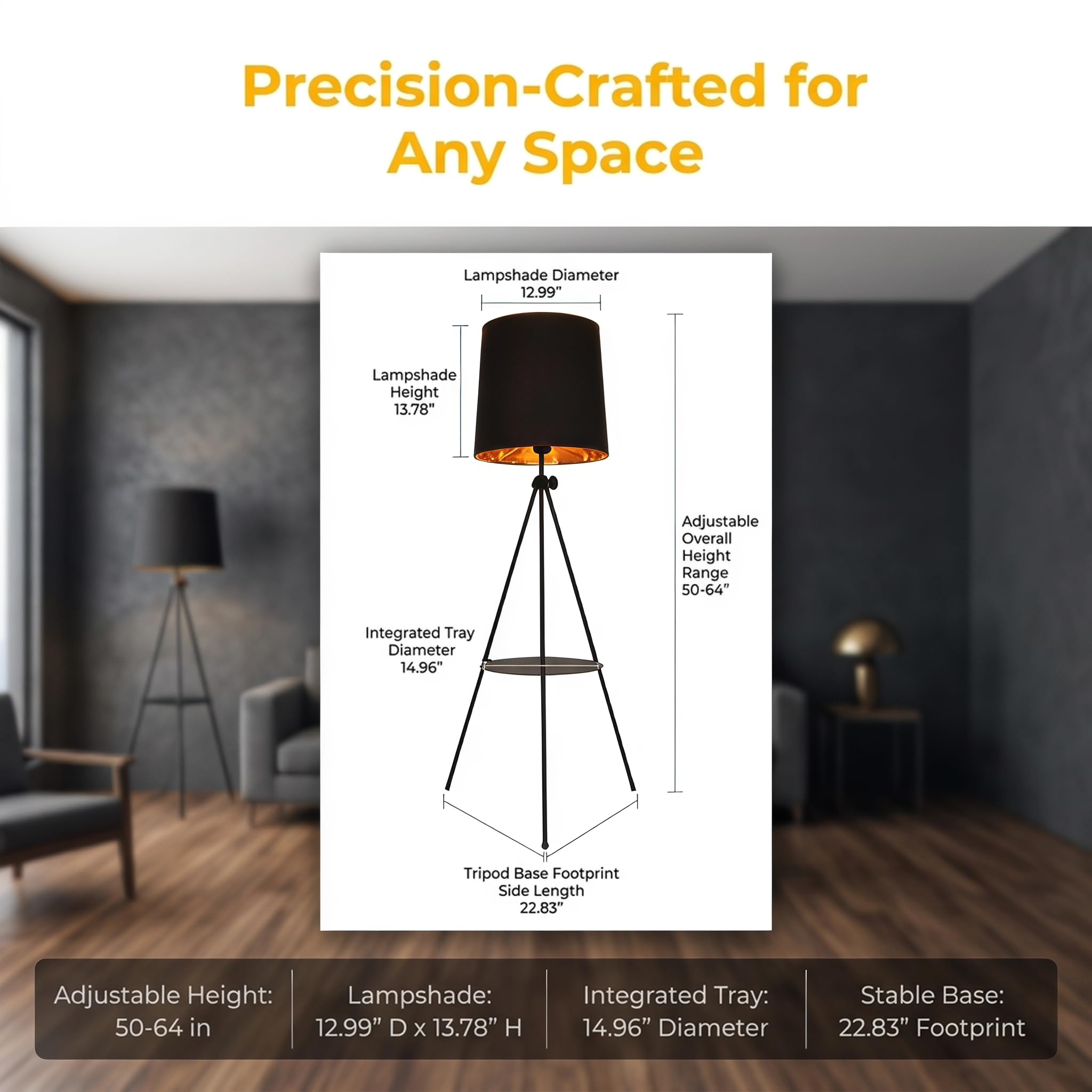 BARCELONA LED Madison Dreibein Stehlampe Mit Ablagetisch Schwarz | Holz, Textilschirm, höhenverstellbar, Ambientebeleuchtung, multifunktionales Design