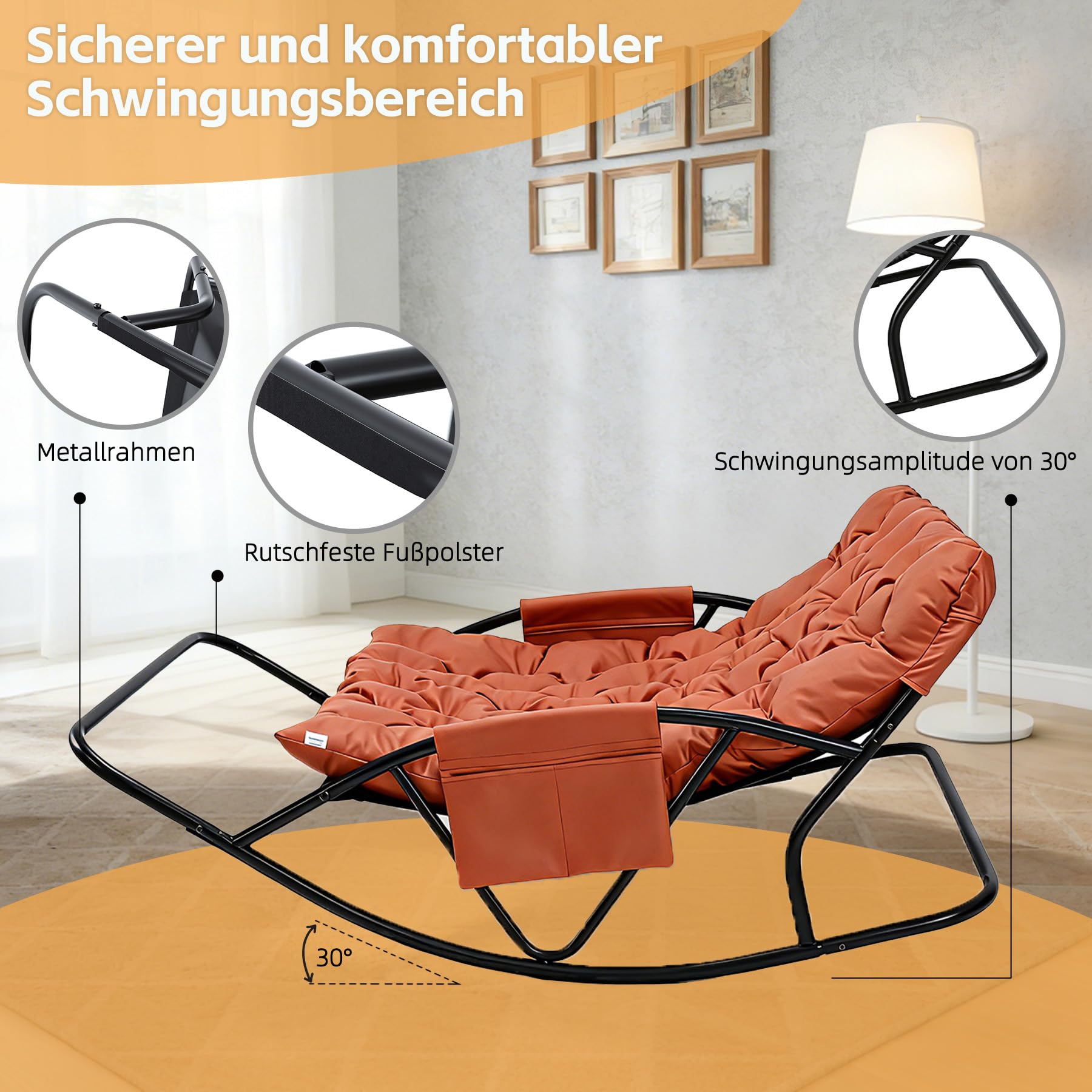 Schaukelstuhl Oversized,relaxsessel mit dickem Kissen & Metallrahmen,Schwingsessel schaukelstuhl Relaxstuhl, schaukelsessel bis 240 kg belastbar für Wohnzimmer Schlafzimmer Babyzimmer,Orange