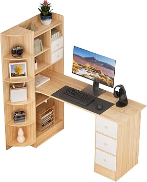 HEVIRGO Right Desk 2 in 1 Computer Desk Corner Desk with Storage Desk Bookshelf Combo Corner Standing Desk with Storage Shelf Large Writing Study Table with Drawers for Home Office Brown