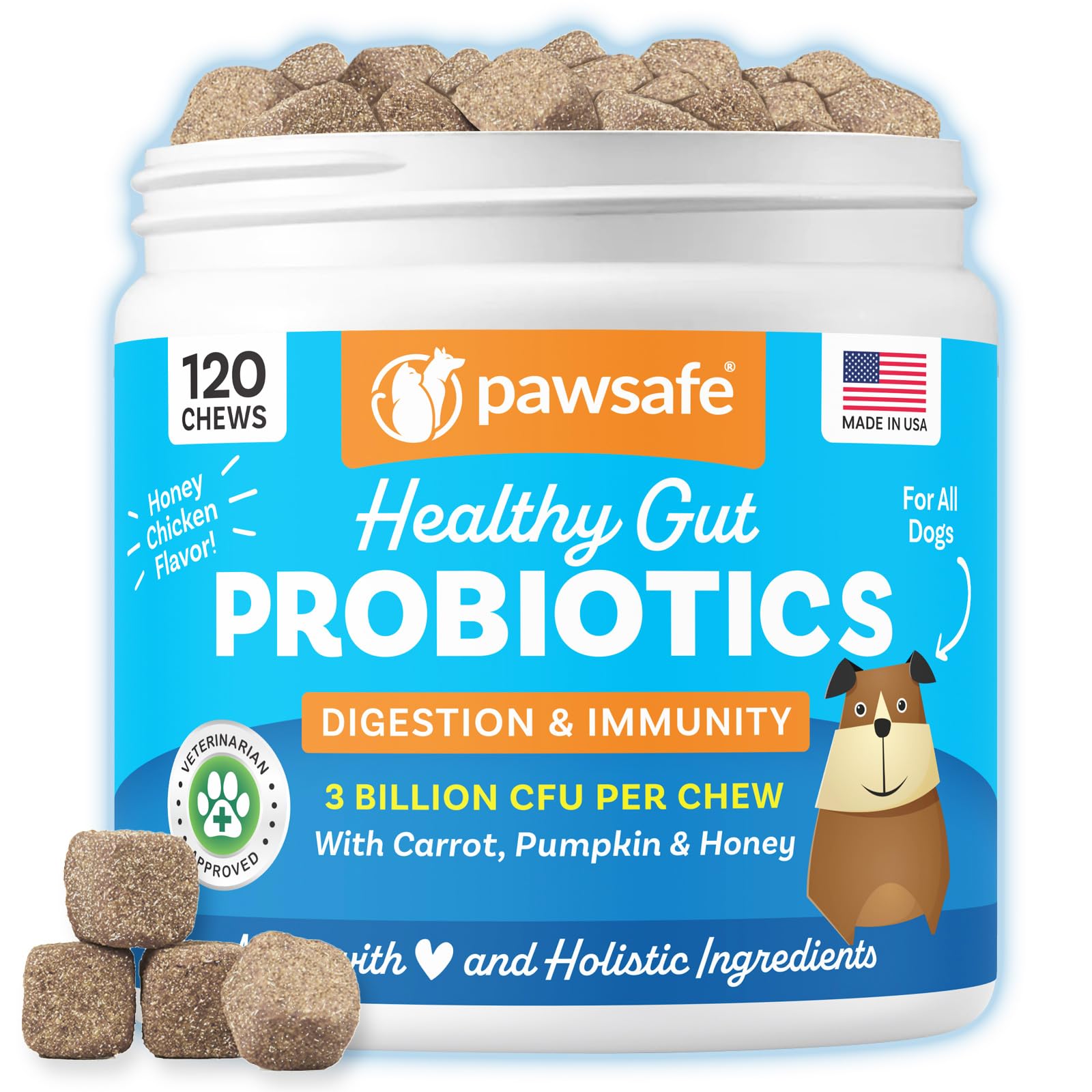 PawSafe&reg; Dog Probiotics Soft Chews for Picky Eaters - USA Made, 120 Count - Digestive & Gut Health, Diarrhea, Gas Relief, Allergy & Itchy Skin Support - Natural with Pumpkin - Honey Chicken Flavor