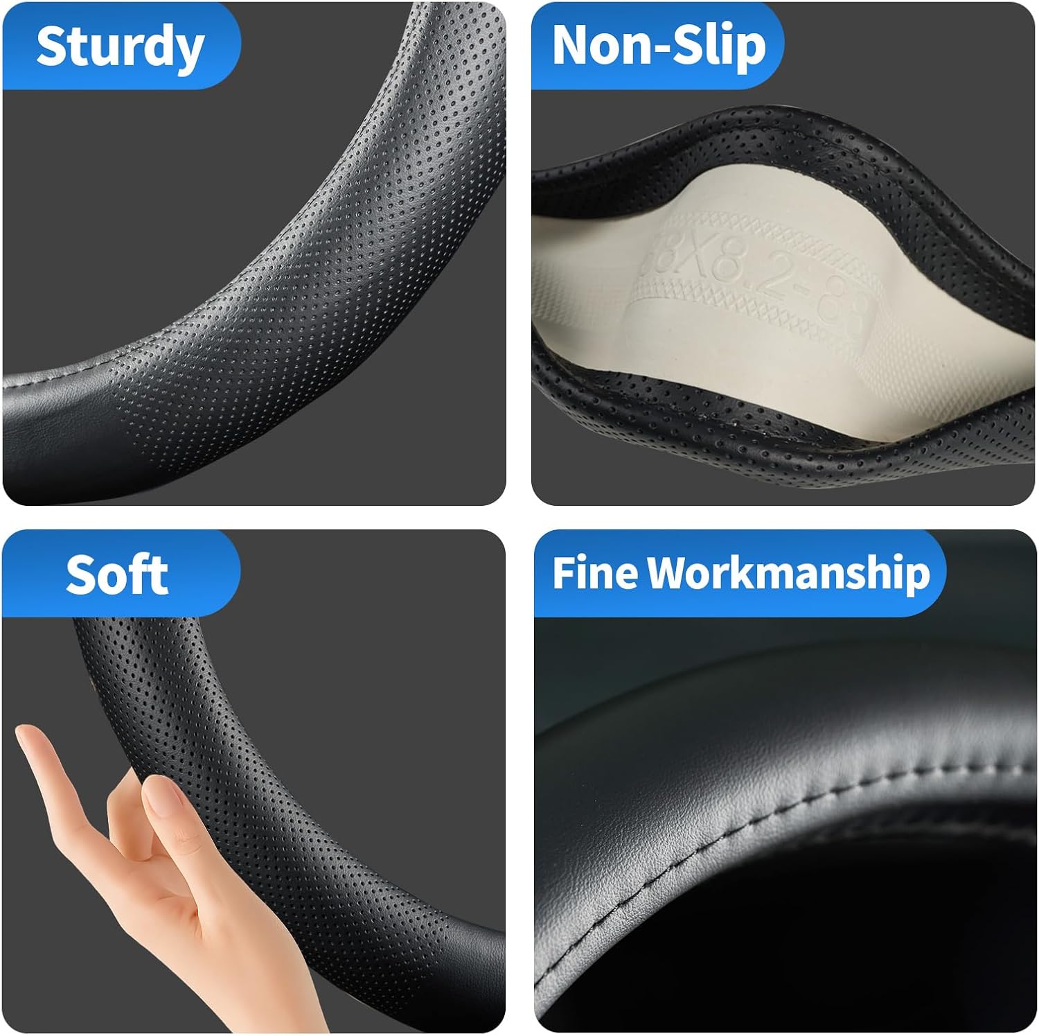 Black Leather Steering Wheel Cover 14.5-15 Inch, Universal Fit Anti-Slip Breathable Durable Car Wheel Protector for SUV Truck Interior Accessories