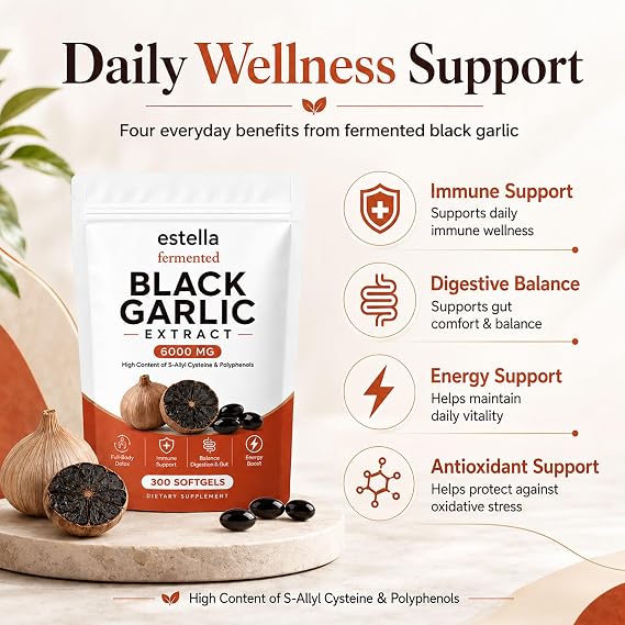Estella Fermented Black Garlic Extract Softgels, Odorless Aged Garlic, Daily Wellness & Digestive Balance Formula, Vegan, Non-GMO, 300 Count (1)