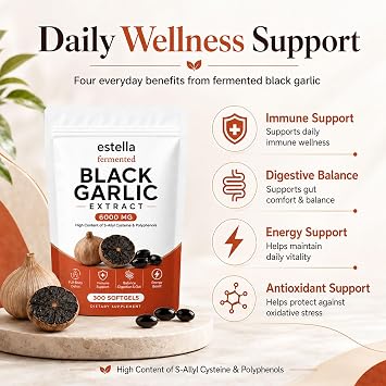 Estella Fermented Black Garlic Extract Softgels, Odorless Aged Garlic, Daily Wellness & Digestive Balance Formula, Vegan, Non-GMO, 300 Count (1)
