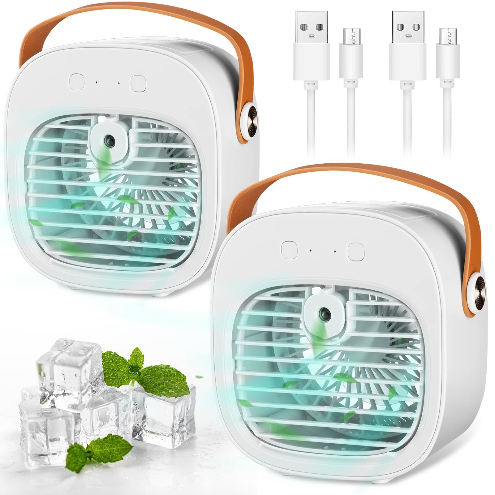 Treela 2 Pcs Portable Air Conditioners with 3 Speeds Quiet Small Evaporative Air Cooler Mini Rechargeable Room Cooler for Bedroom Personal Desk Cooling Fan for Home, Car, Desktop, Travel and Office