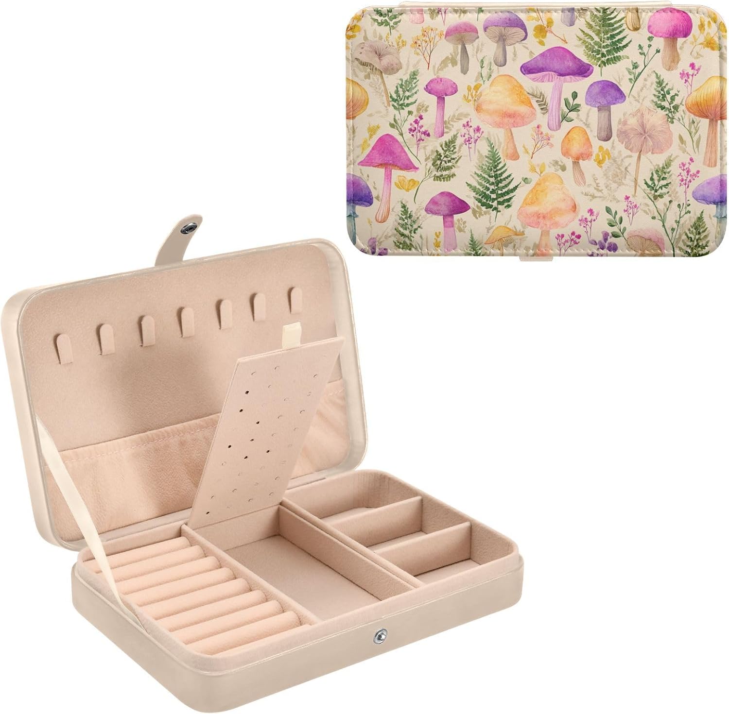 Mushroom Colorful Pattern Jewelry Box Travel Jewelry Organizer PU Leather Ring Earring Bracelet Storage Case Holder Container for Women Lady Mother Gifts Portable image 3