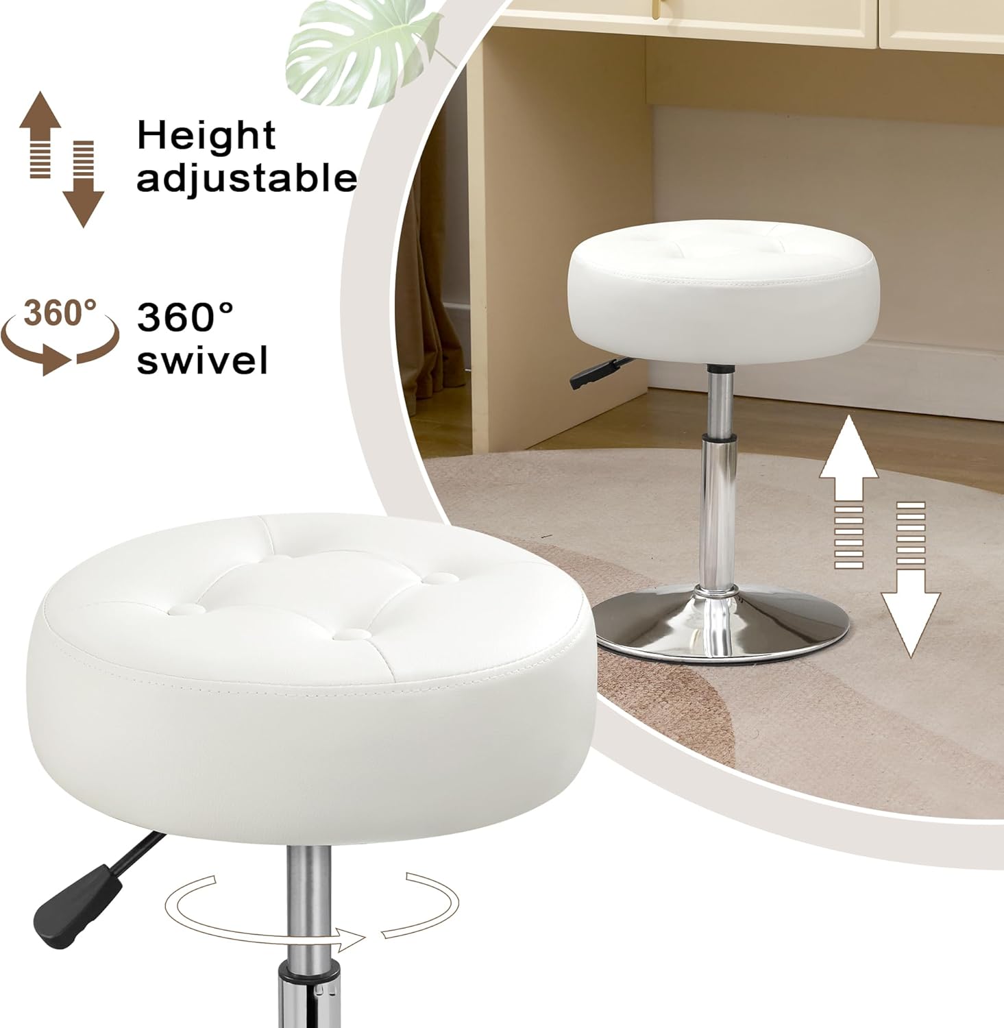 Ottoman Swivel Vanity Stool Chair for Makeup Room Stool for Vanity Chair Height Adjustable Faux Leather White