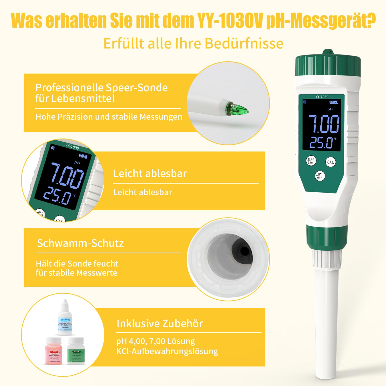 pH-mètre, Testeur de pH Numérique pour Aliments avec Sonde de Haute Précision, pH-mètre Étanche pour Viande, Pain, Fromage, Pâte, Crème et Eau