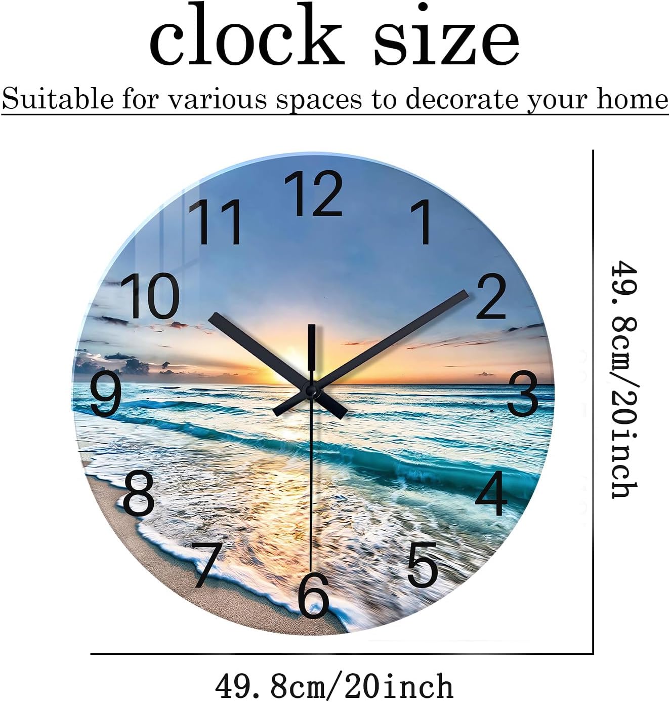 20 Inch Big Wall Clocks for Living Room Decor Analog Glass Wall Clock Non Ticking Beach Wall Clock Battery Operated