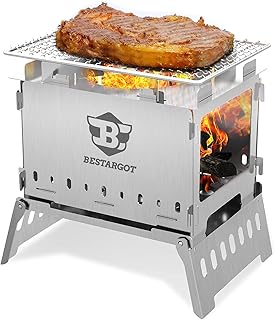 Bestargot Holzofen Tragbar Hobo Kocher, Camp grill, Klappbar und Winddicht Rucksack-Herd aus Edelstahl mit Tragetasche, mu...