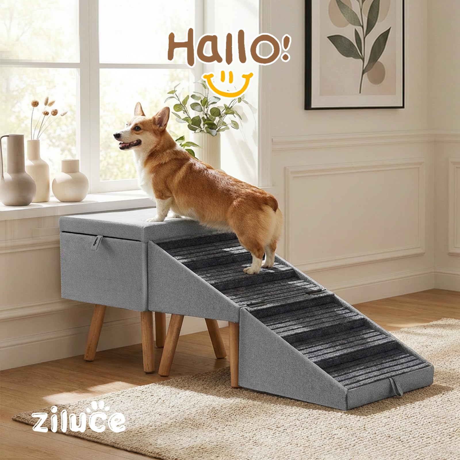 Scala per cani di piccola taglia e gatti per divano e letto, pieghevole, 2 in 1, in legno, per cuccioli, design ottomano (grigio chiaro, altezza 53,5 cm)
