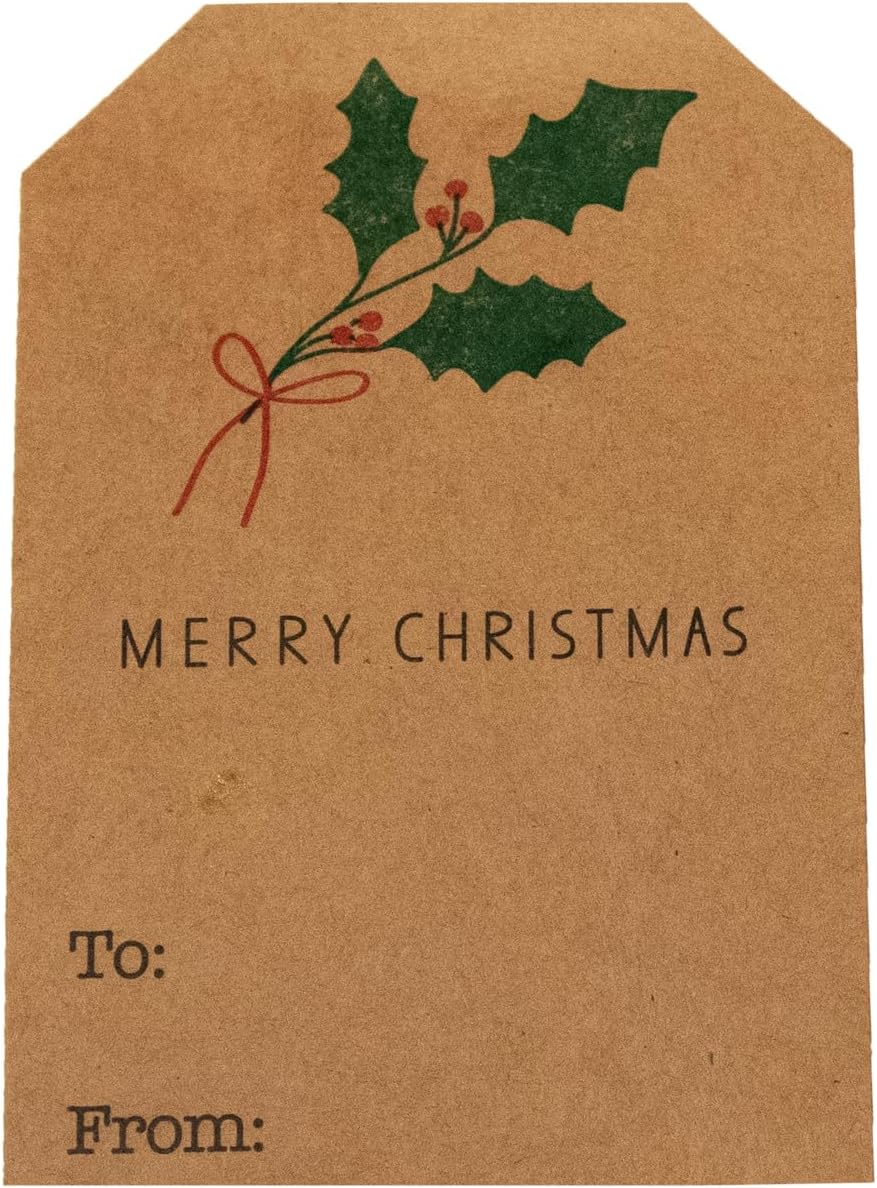 Mistletoe Holiday Gift Tags – 2 x 3 Inch Adhesive Labels with 4 Festive Mistletoe & Holly Designs – 100 Eco-Friendly Kraft Tags, Permanent Adhesive, Made in The USA