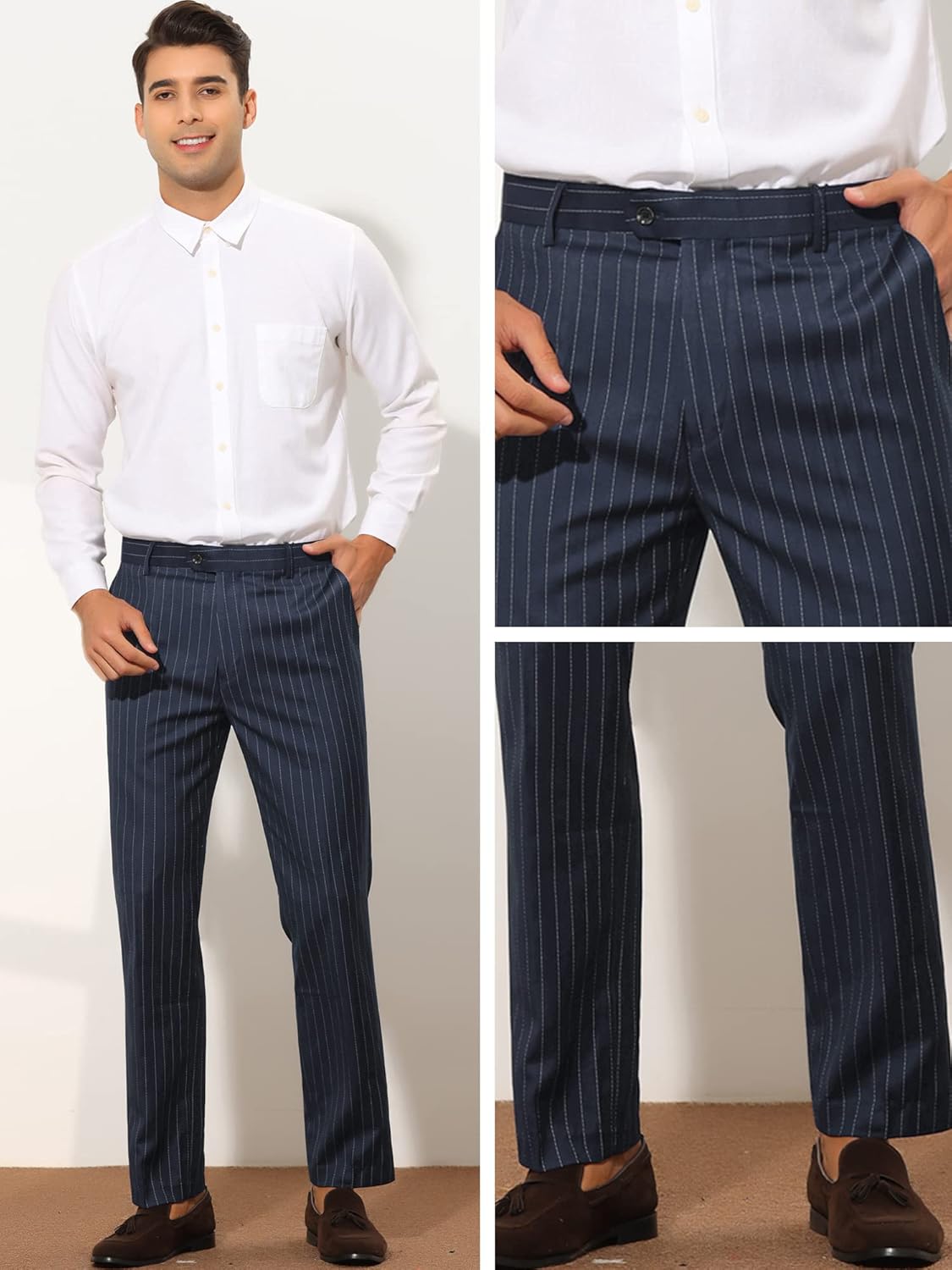 Lars Amadeus Formal Striped Dress Pants for Men's Slim Fit Flat Front Office Business Trousers - Image 4