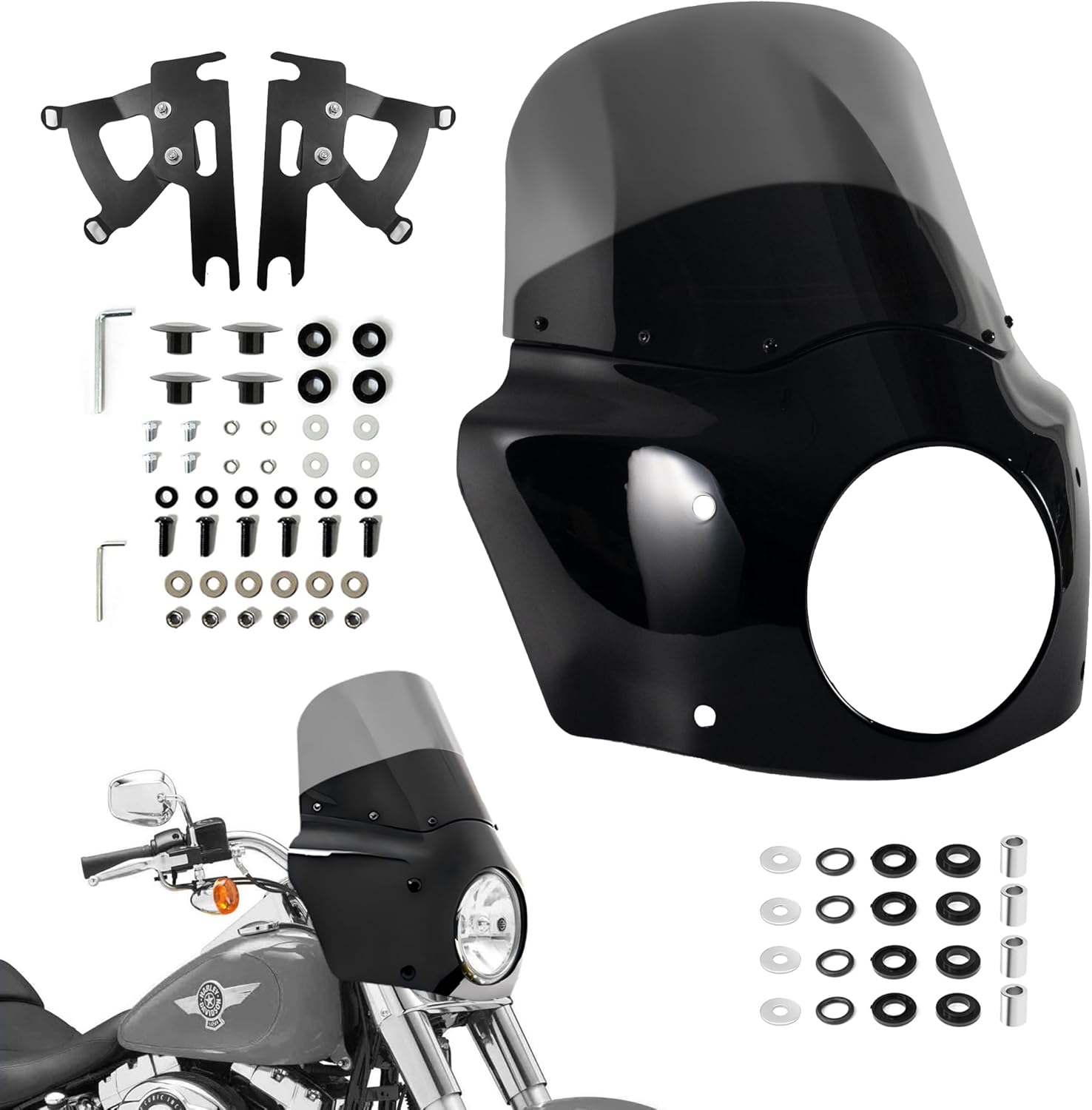 Club Style Front Fairing w/ 11" Smoke Windshield, Fits 7" Headlight for Harley Softail 2000-2017, Headlamp Cowl Kit for Fat Boy FLSTF, Heritage Classic FLSTC, Slim FLS, Deluxe