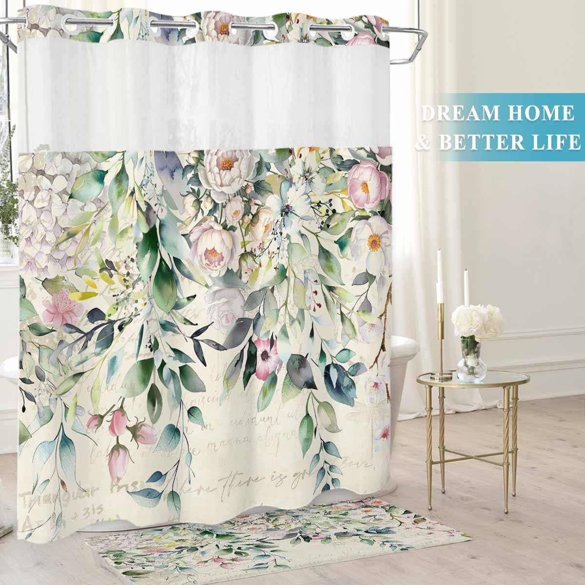 Botanical No Hook Shower Curtain with Snap in Liner Waterproof Fabric Shower Curtain Set for Bathroom Farmhouse Spring Plants Flowers Retro Lettering Background Shower Curtain with Sheer Top72"x72"