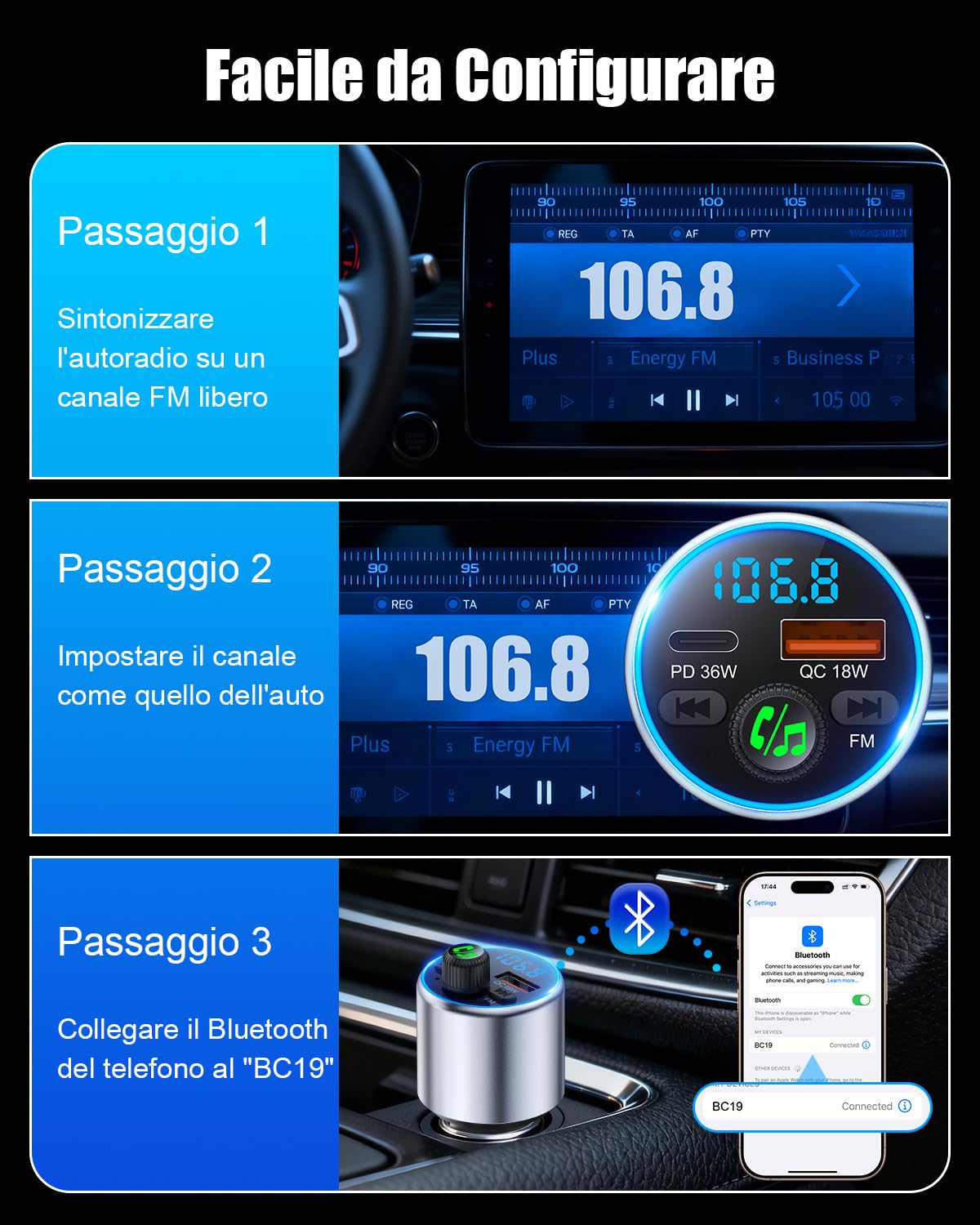 EOIWUY Aggiornato Trasmettitore FM Bluetooth 5.3 per Auto, [Ricarica Rapida] Bluetooth Auto con PD36W & QC3.0, [Suono Hi-Fi Nitido & Potente] Amplificatori Mono Adattatore Bluetooth Accendisigari Car