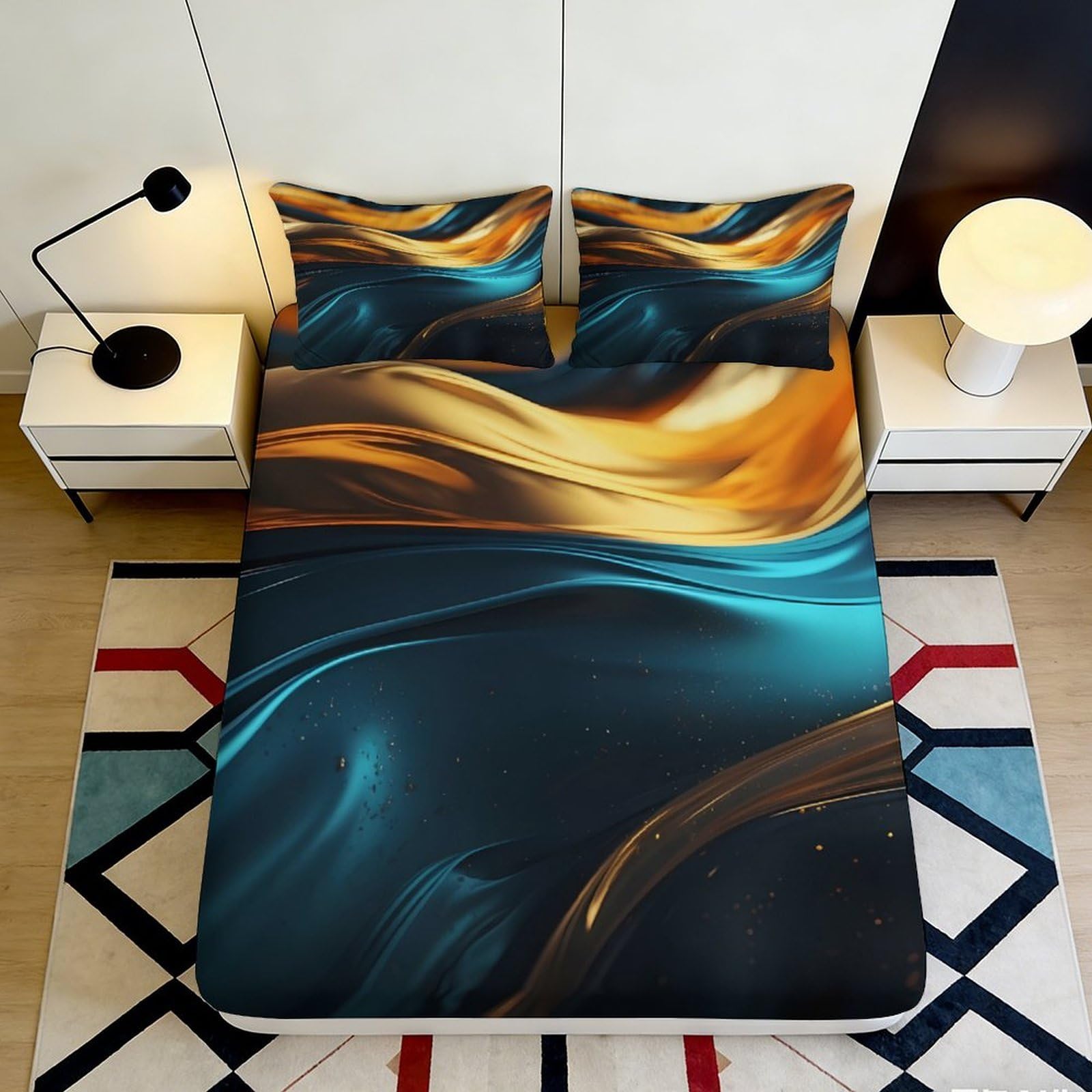 3D Printed Abstract Golden Wave Fitted Sheet Microfiber Soft Blue Swirl Mattress Cover for Bedroom Dorm Decor 90x200x25cm