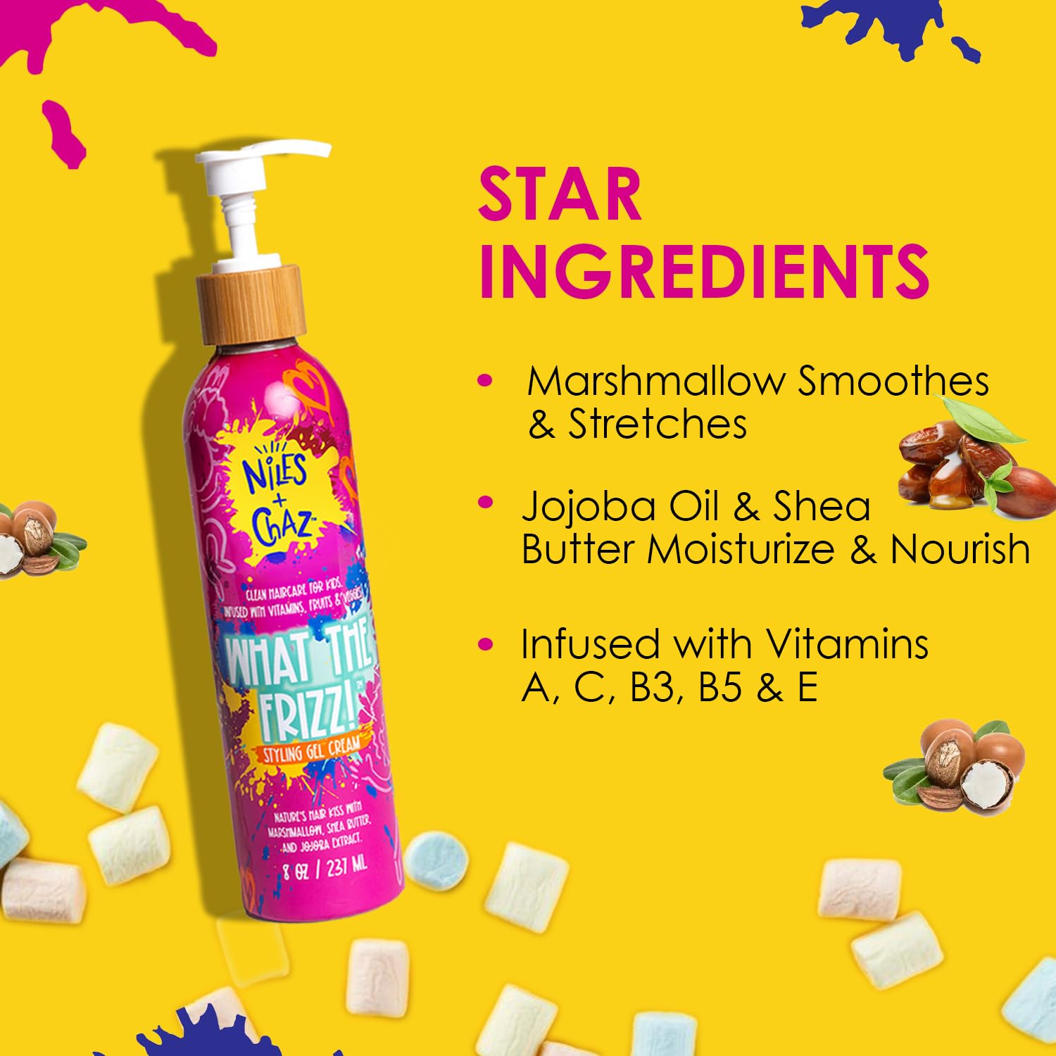 Niles and Chaz What the Frizz! Styling Gel Cream - Kids Curl Cream, Frizz Control, Hydrated & Defined Curls - Paraben, Sulfate, Silicone Free - Curly, Coily, Wavy Hair Products for Kids (8 fl Oz)