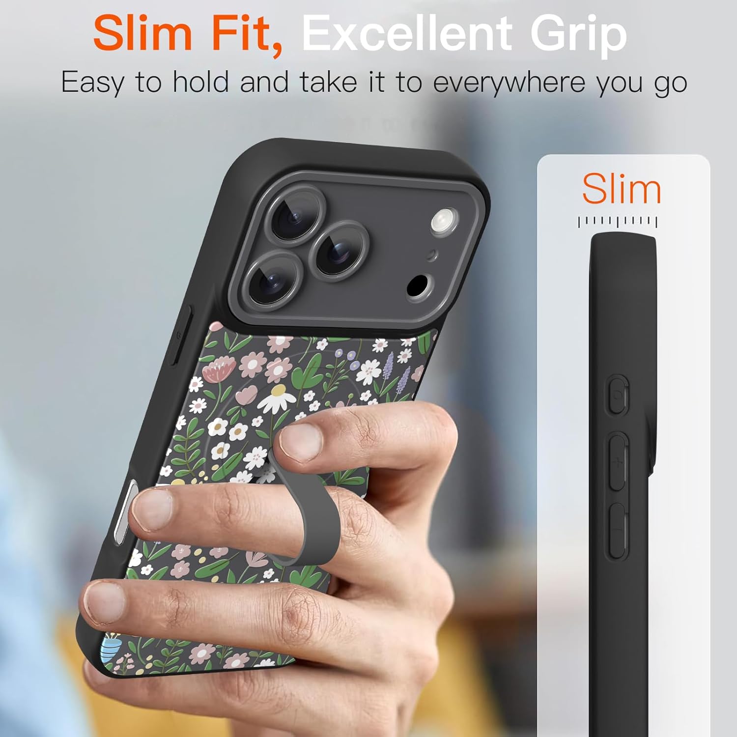 Magnetic for iPhone 17 Pro Max Case with Finger Strap Kickstand, Compatible with Magsafe, Cute Ditsy Floral Print Case Full Camera Protection Shockproof Protective Cover, Grey Floral - Image 3