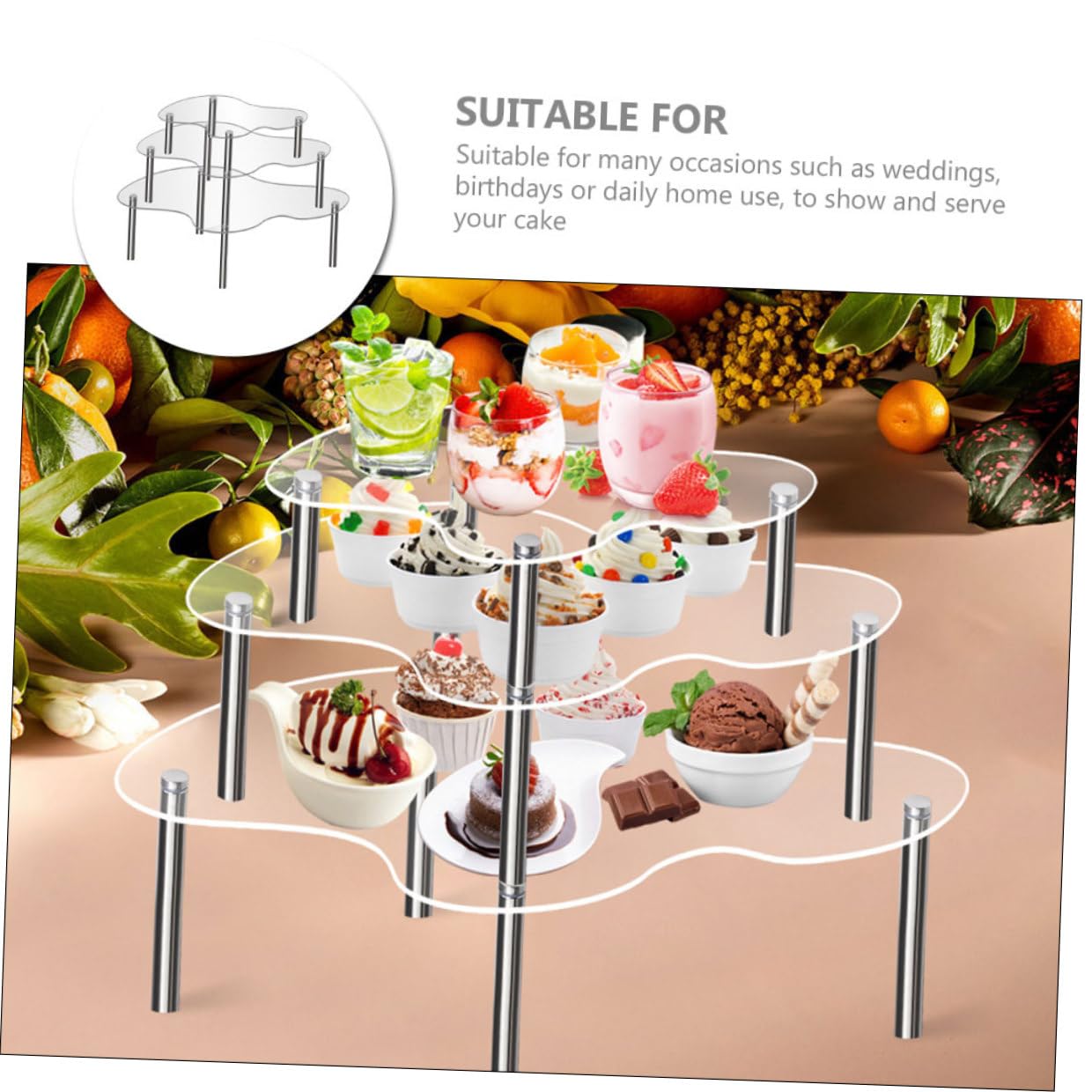 Veemoon Présentoir à Gâteaux en Acrylique Transparent 3 Pièces Multi-Niveaux Support Cupcakes et Desserts Taille Moyenne à Extra-Large pour Anniversaires Mariages et Événements