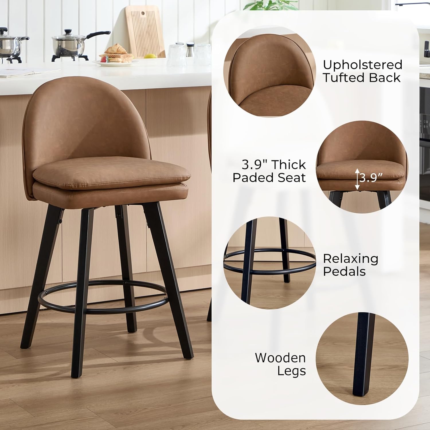 Counter Height Stools Set of 2, Faux Leather 26”H Upholstered 360° Swivel Bar Stool with Backrest, Modern Bar Chair with Wood Legs for Kitchen Island, Home Bar, Brown