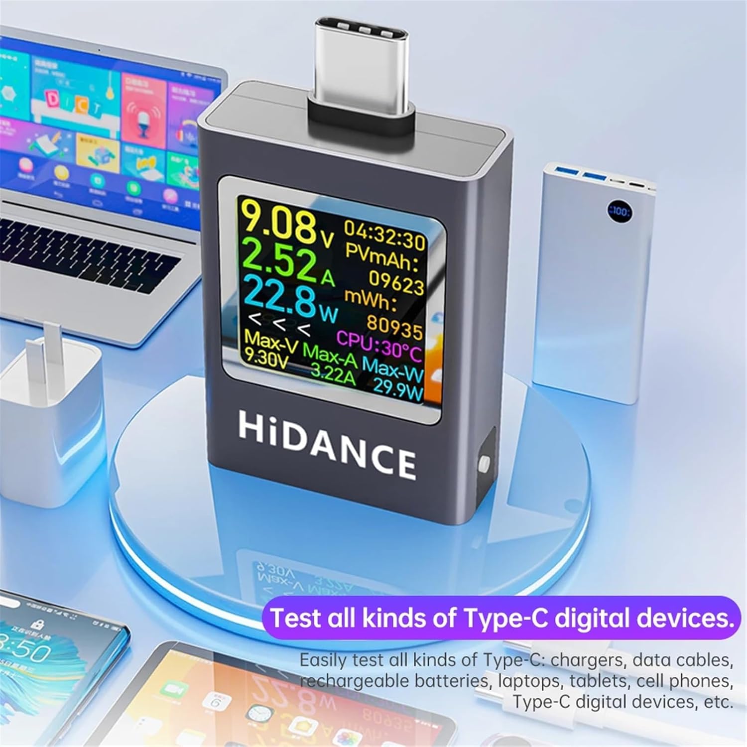 HDC-085C DC 4.5-50V 0-12A PD3.1 Multi-Function Digital Display Voltage Ammeter Power Meter Type C Cell Phone Charging Tester(Color Font)