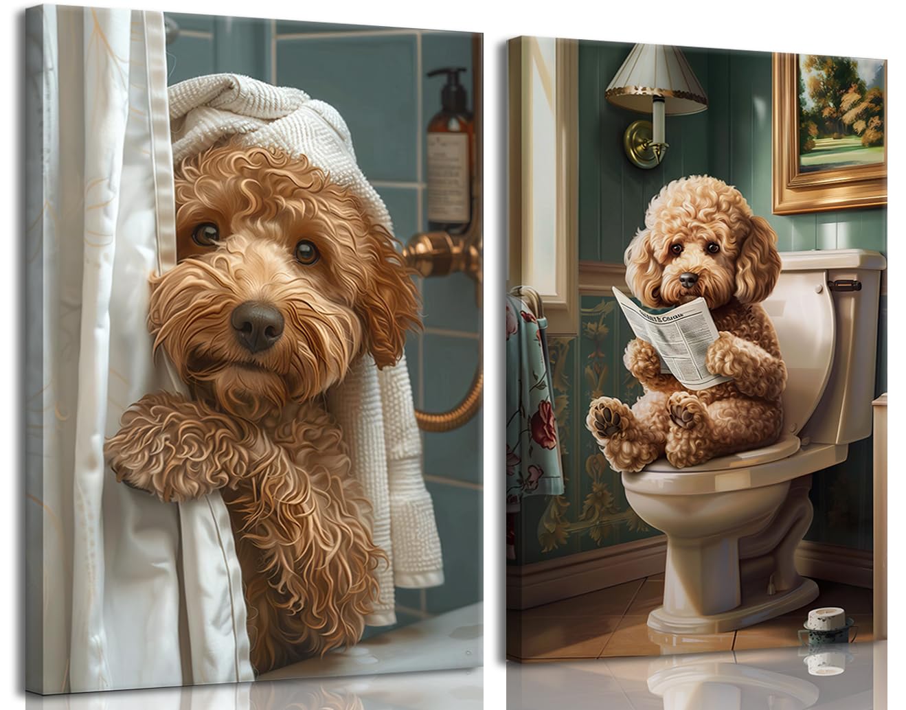 libitea 2 Pcs Funny Animal Bathroom Canvas Wall Art Cute Dog Reading Newspaper and Taking Bath on Toilet Art Print Humorous Bathroom Animal Painting