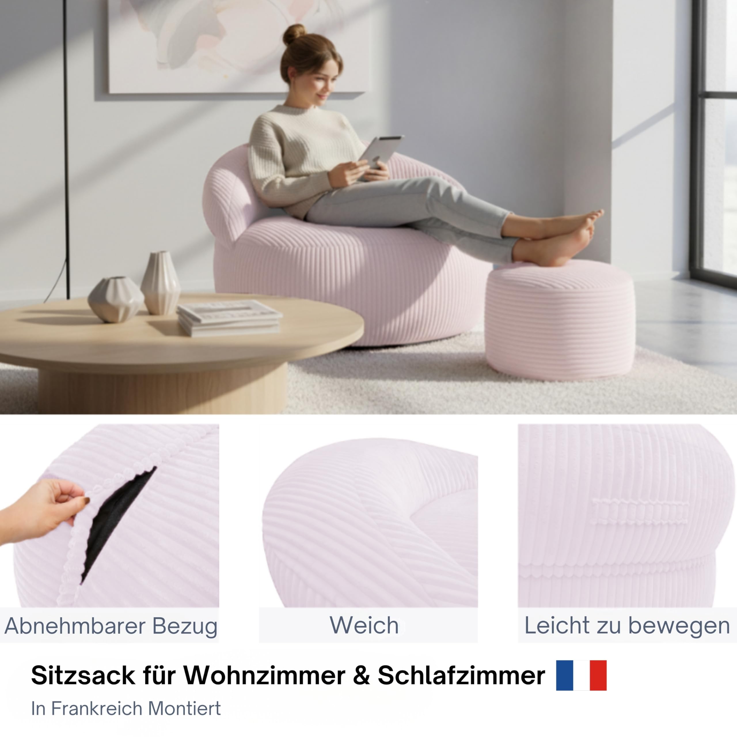 bananair – Sitzsack für Wohnzimmer aus Cord mit Fußhocker - XXL Bean Bag Chair Weich - Maschinenwaschbarer Bezug - Ideal für Salon, Schlafzimmer Erwachsene, Jugendliche (110 × 100 cm, Hellrosa)