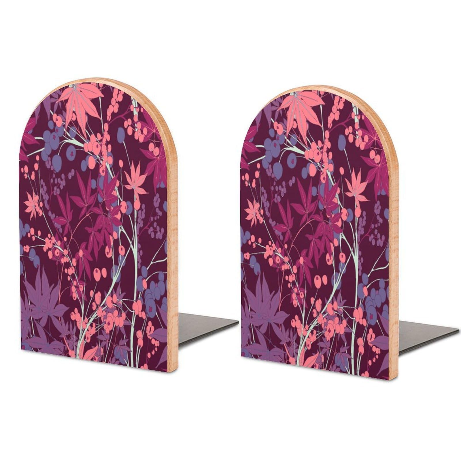 Purple Vector Seamless Botanical Pattern Beech Wood Bookends Heavy Duty Book Organizers Desktop File Holder for Office Home Bookshelf