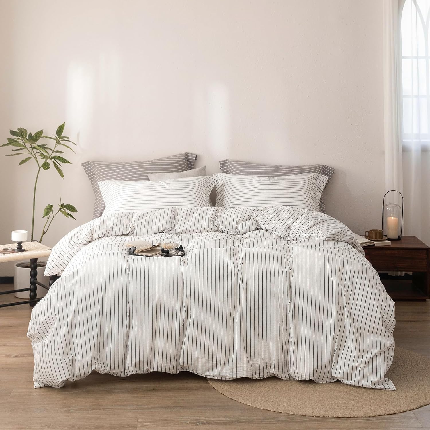 Stripe Duvet Cover California King Size 104inch x 98inch, 100% Washed Cotton Linen Feel Duvet Cover with Zipper Closure and 2 Pillowcases, Color of White-Dark Grey Stripe