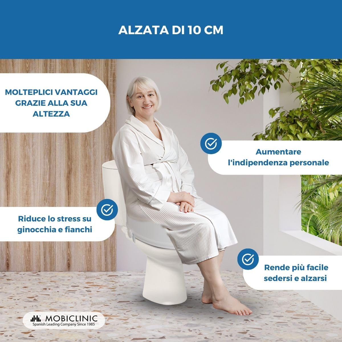 Mobiclinic, Rialzo WC per Anziani, Altezza 10 cm, Alza Water, Bidet, Disabili, Senza Coperchio, Ausili, Plastica, Regolabile, Bianco, Titán