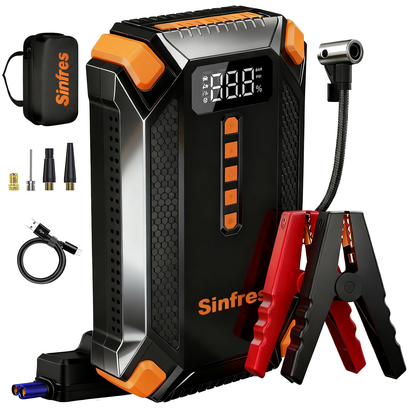 Arrancador con compresor de aire, arrancador de batería portátil, inflador de neumáticos de 150 PSI, caja de salto de 12 V, linterna LED, pantalla LCD para motores de gas de 9 L y diésel de 8 L