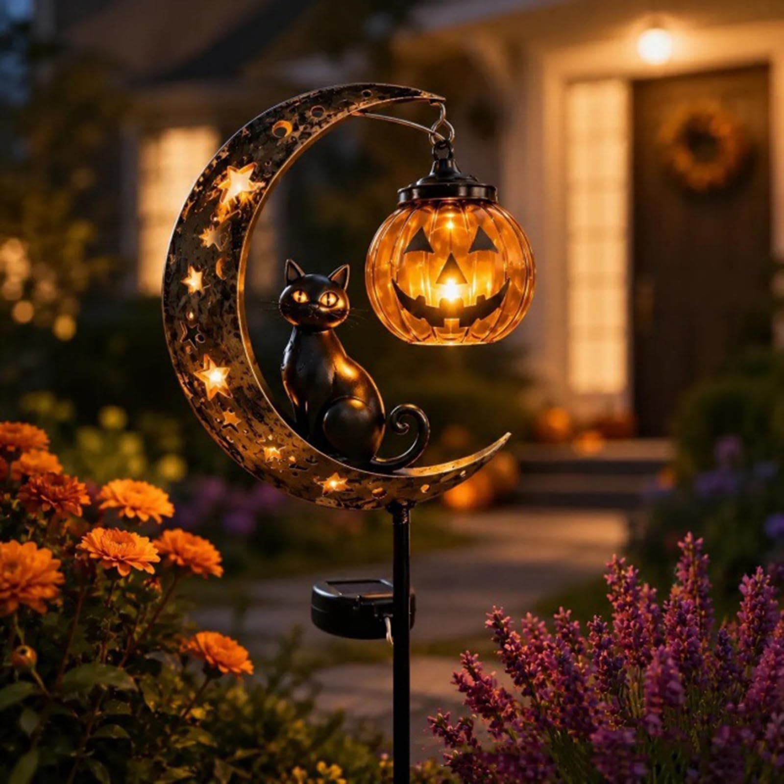 Solar Halloween Garden Stake Light, Black Cat Moon Decor with Pumpkin