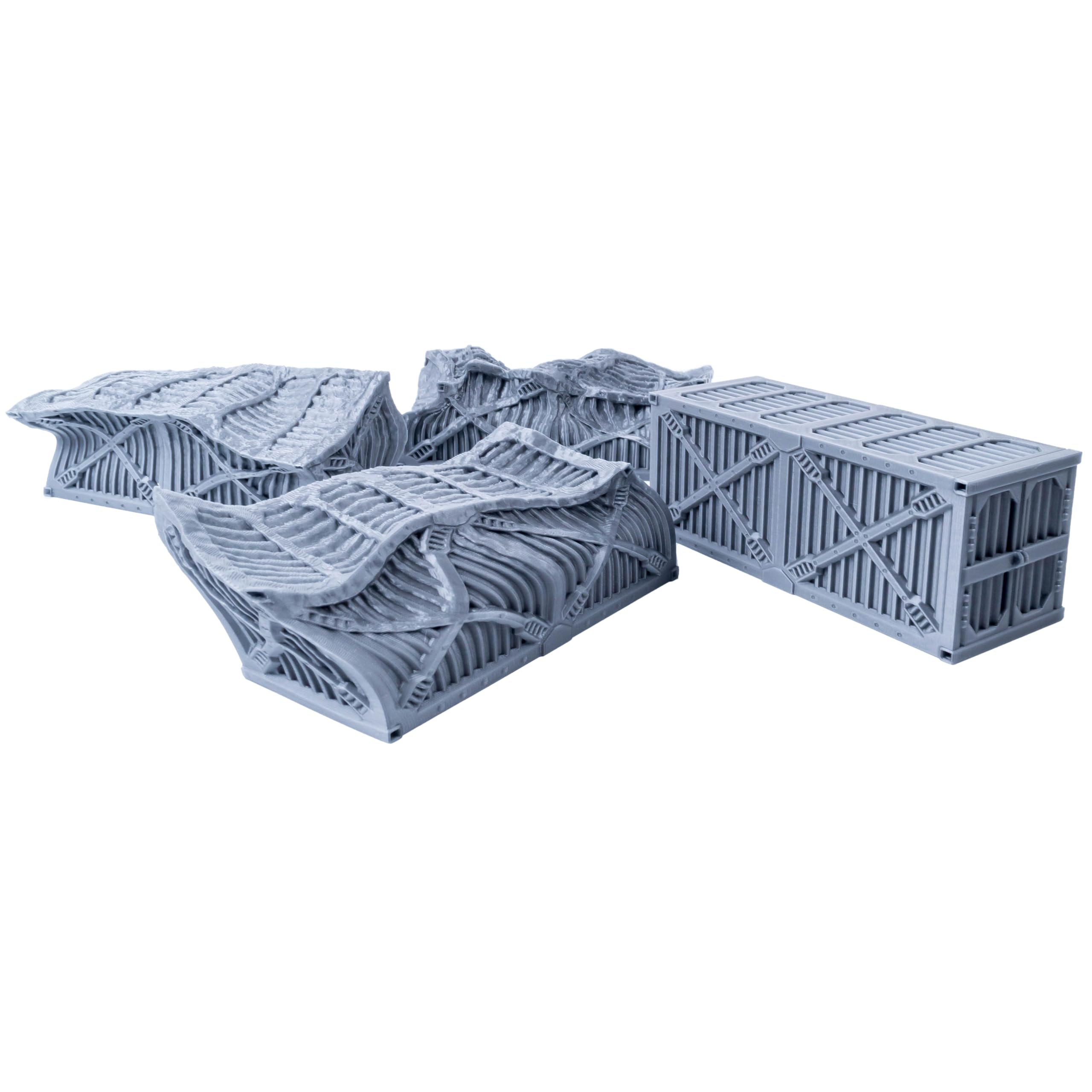 3D Vikings Battle-Scarred Shipping Containers - 4 Piece Set for Tabletop Wargaming, Crashed and Intact Containers, 28/32mm Scale