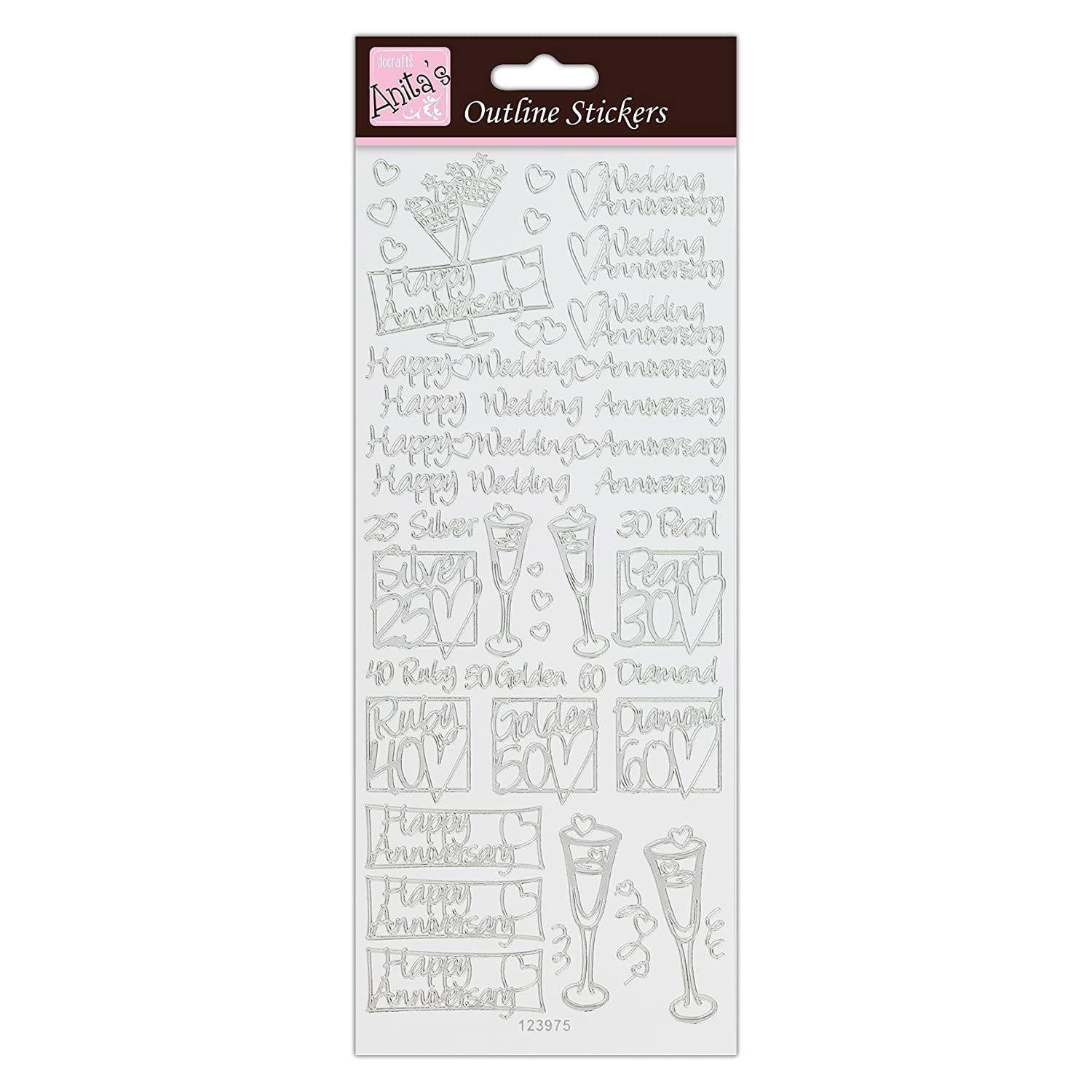 Anitas Outline Stickers, Wedding Anniversary, Silver on White, For Scrapbooking, Card Making, Kids Play, Homework, Art, Craft, Embelish, Decorative, Paper, Card, Glass, Metal, Plastic, Foam
