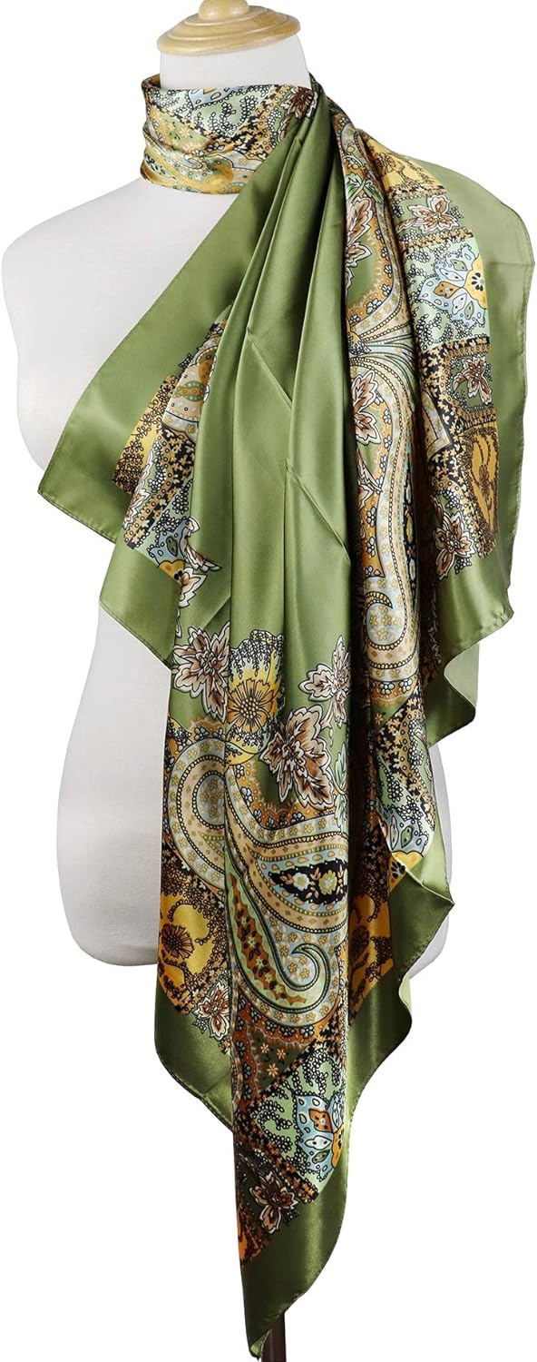vabovin Silk Like Head Scarf, Women's 35'' Satin Large Square Hair Scarves and Wraps Headscarf for Sleeping 40- Olive Green Cashew