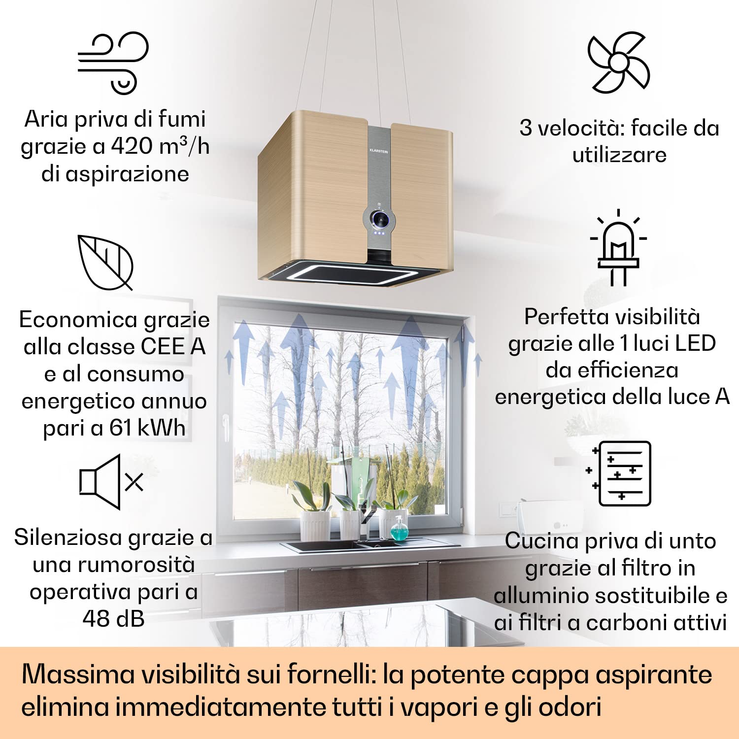 Klarstein Futurelight Smart - Cappa Aspirante, Funzione di Ricircolo con una Potenza Aspirante di 420m³/h, Cappa a Isola con Illuminazione a LED, Acciaio Inox, Oro