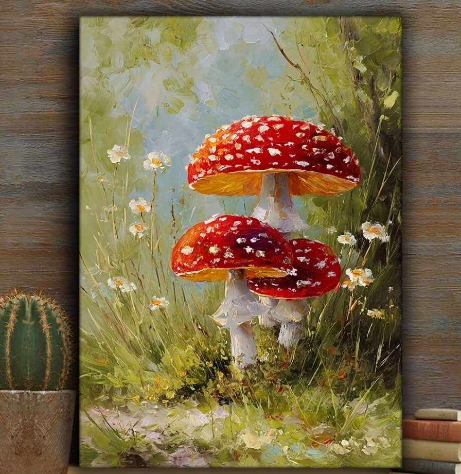 SXFDPDL Cuadro decorativo de pared con estampado de hongos rojos moteados, pintura botánica de bosque, póster decorativo para el hogar (60x90cm/sin marco)
