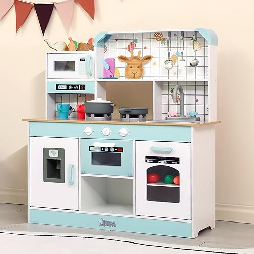 ISBA Play Kitchen Wooden Toy Kitchen Playset Todder Kids Kitchen Chef Pretend Play Set for Toddlers with Cookware Accessories Boys Girls' Gift for