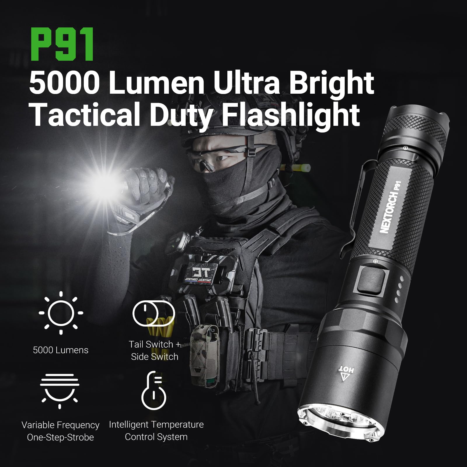 NEXTORCH P91 Taktische Taschenlampe 5000 Lumen, Extrem Hell LED mit Dual-Schalter & 6 Modi, Aufladbare mit Stroboskop & Keramik-Glasbrecher für Nachtdienst, Strafverfolgung, Suche & Rettung, IPX7