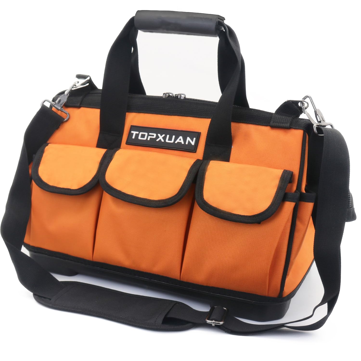 TOPXUANTool Bag 16 Inch, Heavy Duty Waterproof Orange Tool Organizer,Molded Plastic Bottom and Wide Mouth With Shoulder Strap for Power Tools and Hand Tools, Oxford Cloth Fabric (16 Pockets)