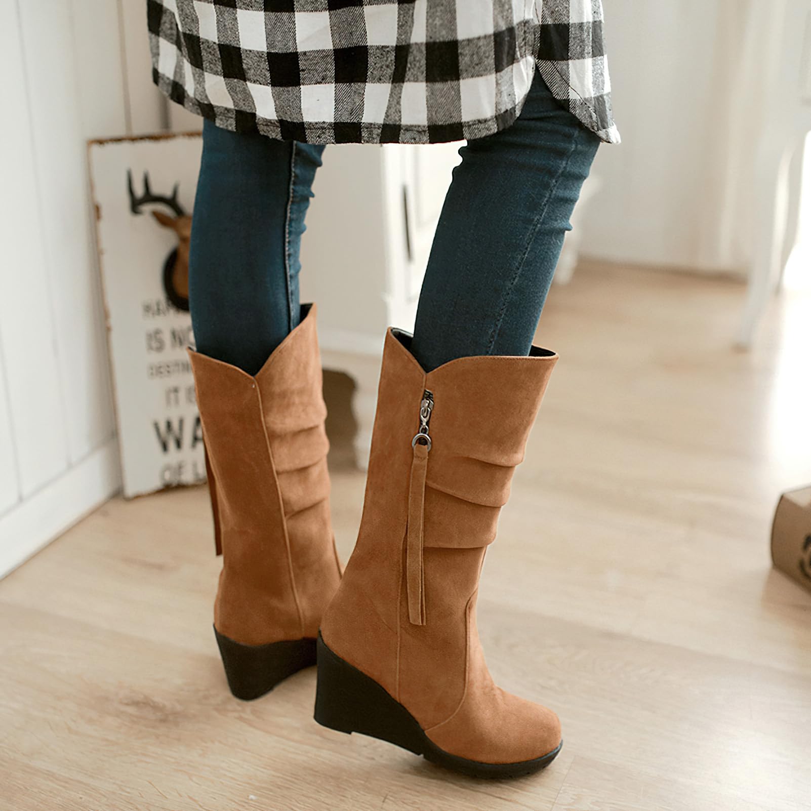 rismart Botas Slouch Mujer Media Pantorrilla Tacón Cuña Forro Fino de Piel Ante Zapatos de Invierno