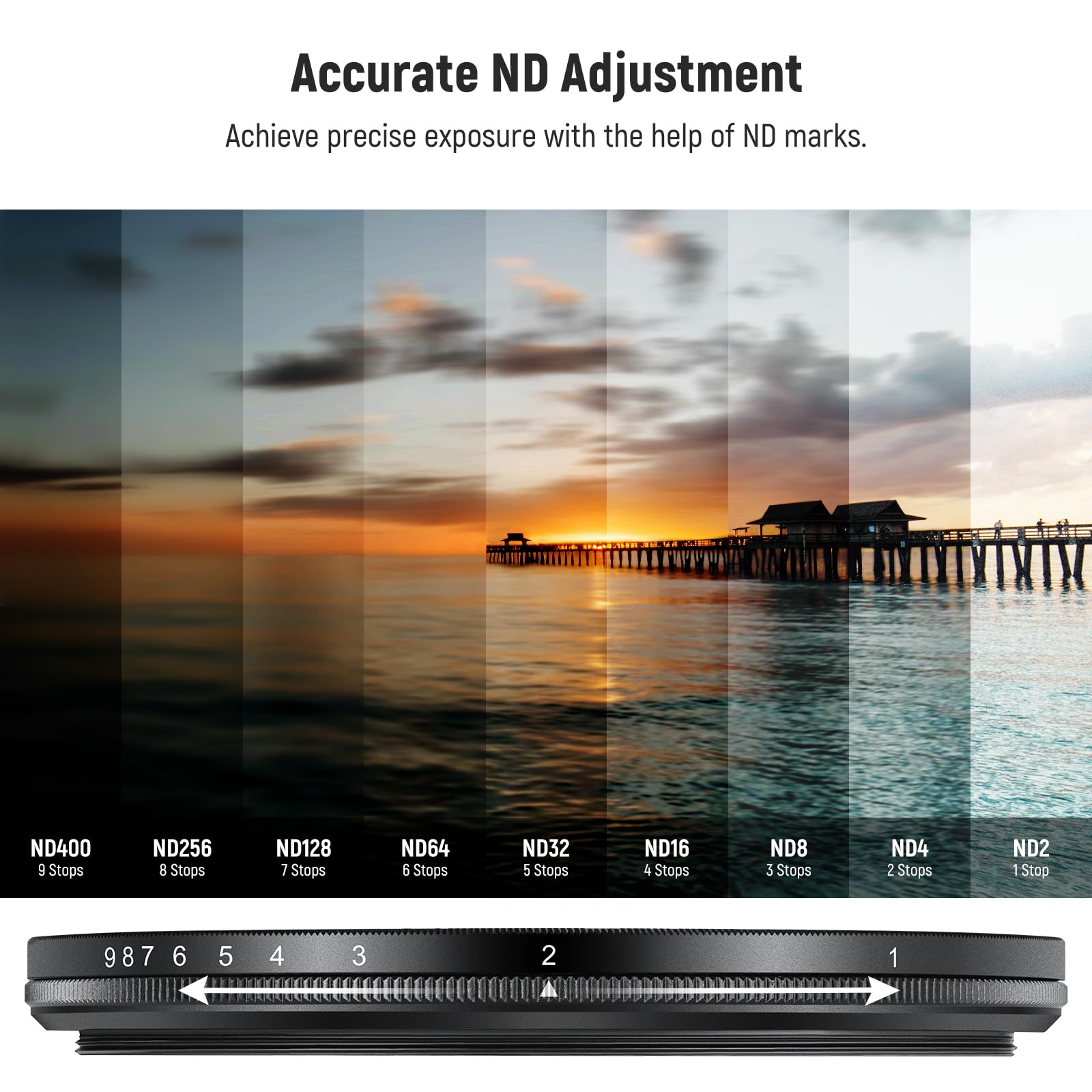 NEEWER Filtro ND2-ND400 Variabile, Filtro a Densità Neutra Regolabile Limitato con Stop Ripido, Vetro Ottico Antigraffio Idrorepellente Multistrato, Telaio Sottile in Alluminio, 77mm