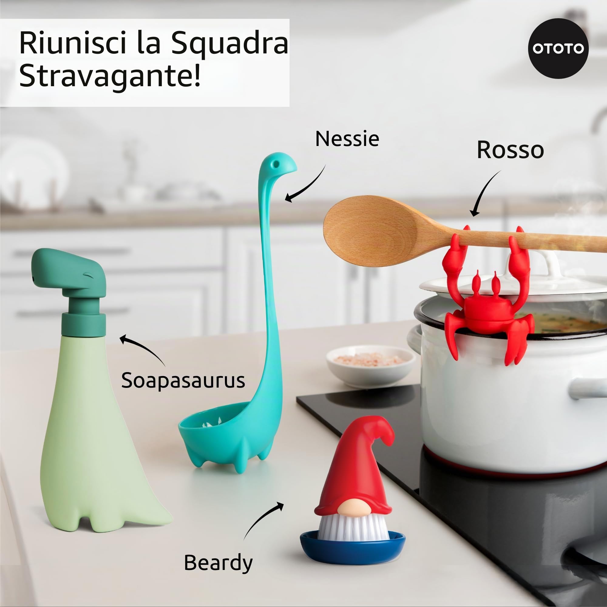 OTOTO Soapasaurous Dino - Dispenser di sapone per le mani, grazioso accessorio da bagno, dispenser di sapone liquido, dinosauro, accessori da cucina carini, regali per bambini