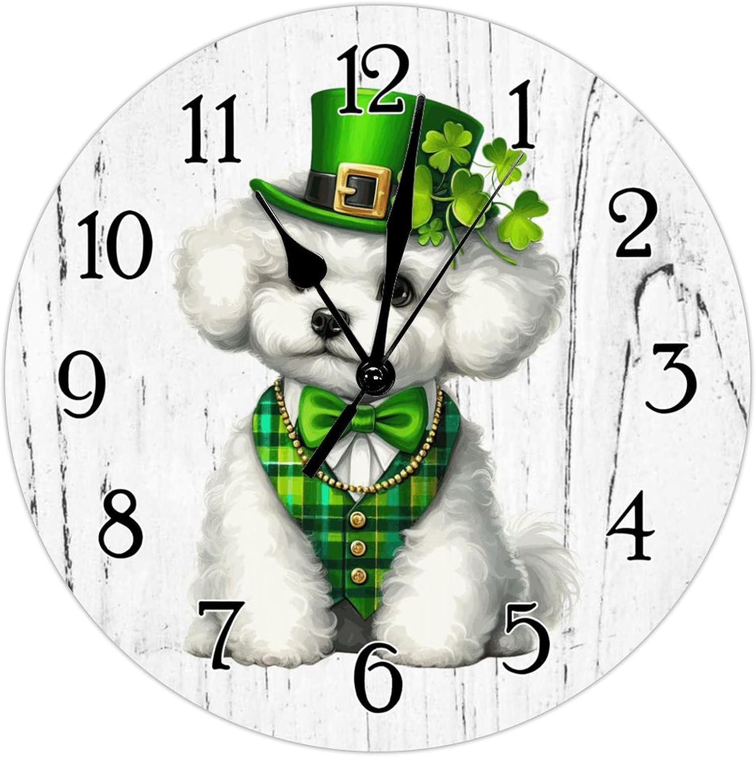 Bichon Frise Dog Green Leprechaun Hat Leaf Clocks Bichon Frise Dog St. Patrick's Day Wooden Wall Clocks Battery Operated Round Clock Dog Owner Gift Art Clock for Bathroom 12x12in