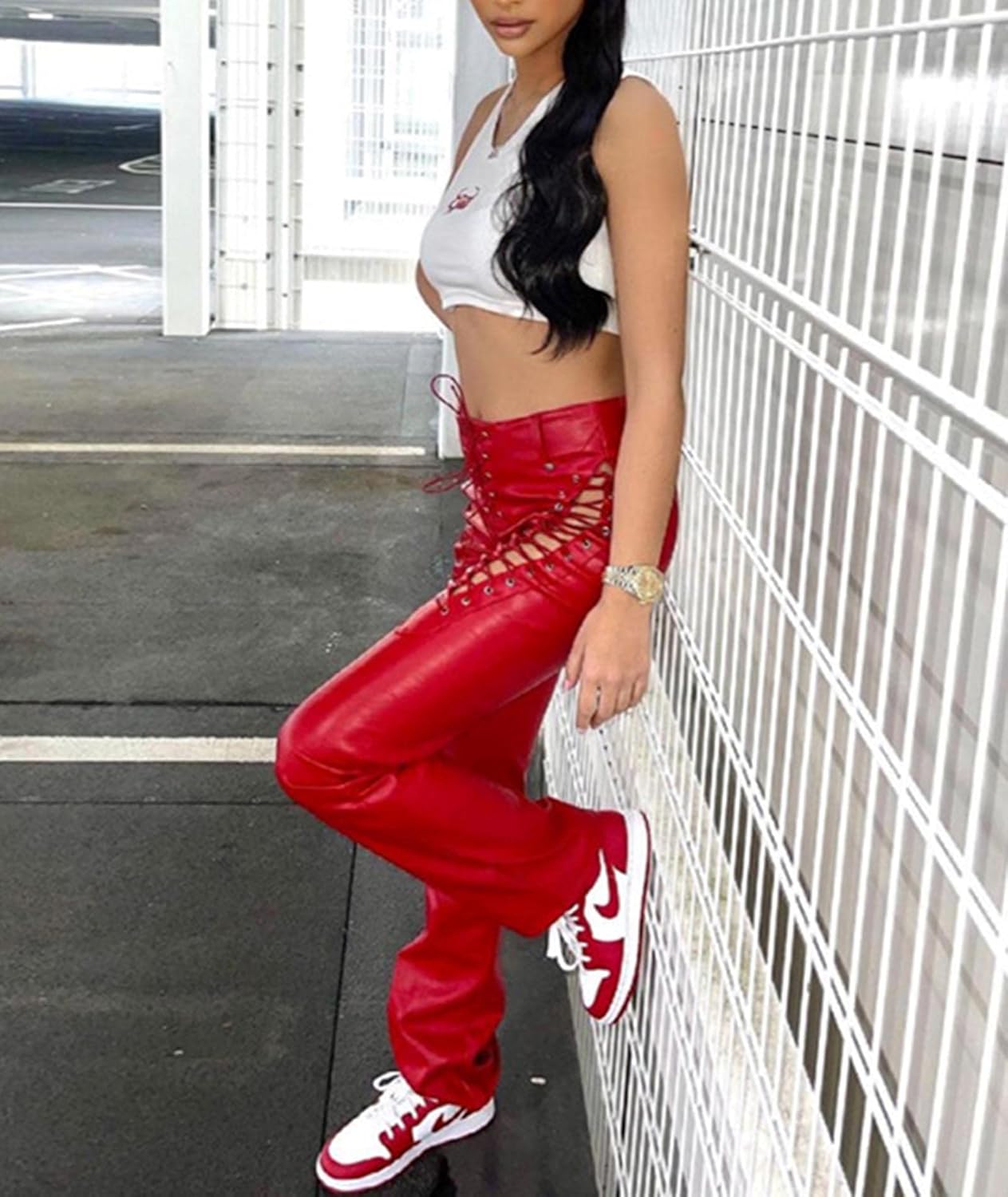 xxxiticat Women's Lace Up PU Leather Pants Chic High Waist Hollow Out Drawstring Bandage Cut Out Faux Leather Trousers